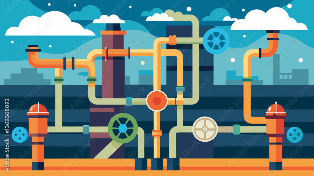 Poster a network of pipes and valves crisscross the ground transporting water and steam between the differe