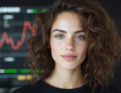 Confident woman with financial chart background, investing concept