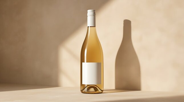 Elegant bottle of white wine with blank label standing in warm natural light casting soft shadows on beige surface, minimal aesthetic suitable for branding, product mockup, or advertisement.

