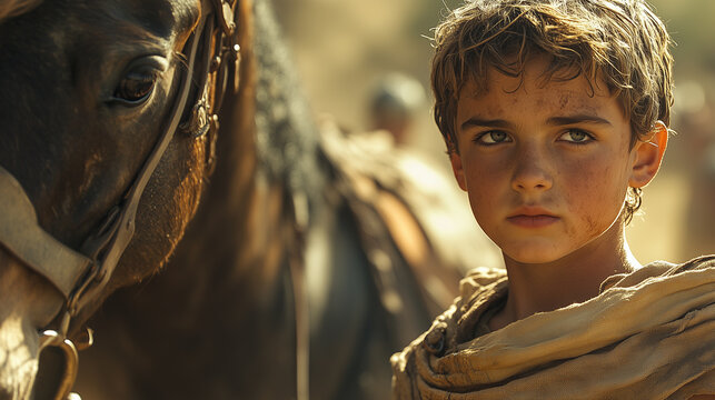 Young Alexander the Great Facing Bucephalus in a Wide-Angle Dramatic Moment