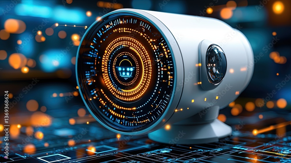 Poster futuristic 3d digital art illustration of high-tech device with glowing interface elements and data 