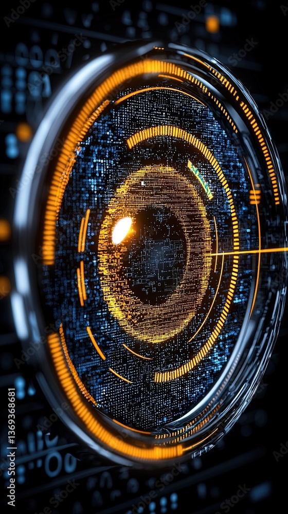 Poster futuristic outline art illustration featuring abstract circular patterns and bright digital elements