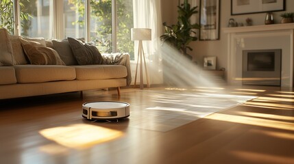 A robot vacuum navigating a living room, cleaning the floor autonomously.