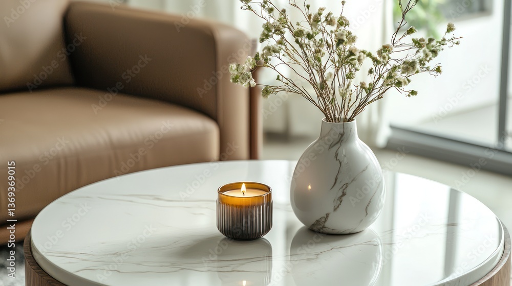 Poster a round marble end table with a small vase and a scented candle, adding a touch of elegance.
