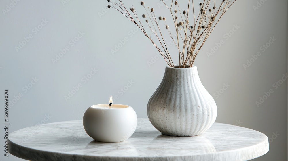 Poster a round marble end table with a small vase and a scented candle, adding a touch of elegance.