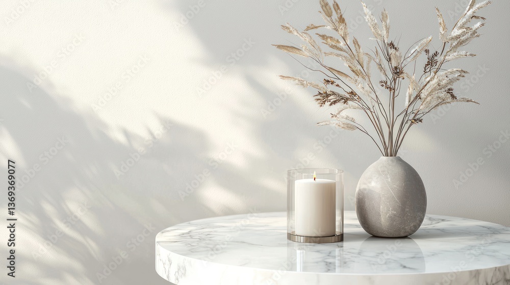 Poster a round marble end table with a small vase and a scented candle, adding a touch of elegance.