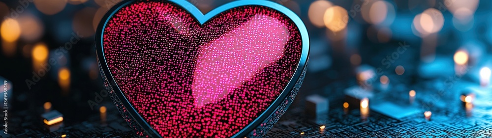Poster vibrant halftone illustration of a red heart with a sparkling pattern against a textured background 