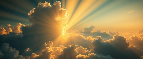 Obraz premium Golden light rays burst through clouds, celestial scene, dreamlike, golden hour
