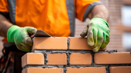 Construction worker in orange shirt laying bricks with trowel at building site