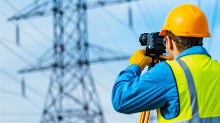 Engineer inspecting high-voltage electrical substation with infrared camera, energy efficiency and maintenance