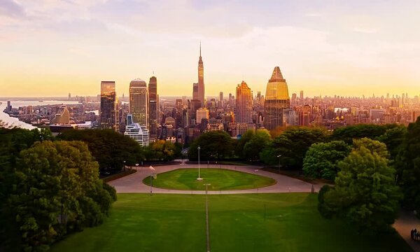 Scenic Liberty Park in Jersey City New Jersey United States.. Building Skyline.
