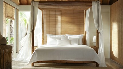A set of bamboo roll-up shades in a tropical-themed bedroom.