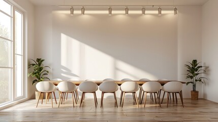 Showcase the elegance of minimalism with an image of an empty wall in a contemporary dining room, creating a sophisticated backdrop for gatherings and meals.