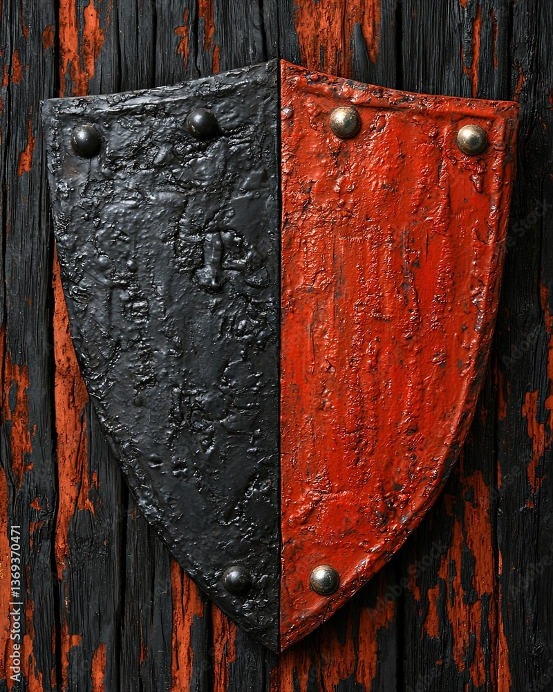 Poster artistic collage of abstract security elements featuring a textured shield in black and red colors a