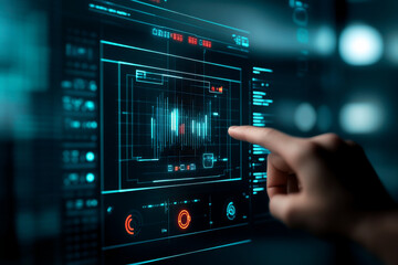 Obraz premium A futuristic interface with a hand interacting with digital data displays, showcasing advanced technology and user engagement.