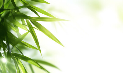 Lush green bamboo leaves, bright sunlight, blurred background, nature spa concept