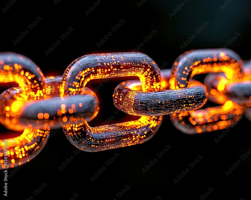 Poster vibrant illustration of interconnected chain links with glowing patterns on a dark background for ab