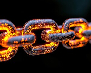 Obraz premium Vibrant Illustration of Interconnected Chain Links with Glowing Patterns on a Dark Background for Abstract Visual Concepts