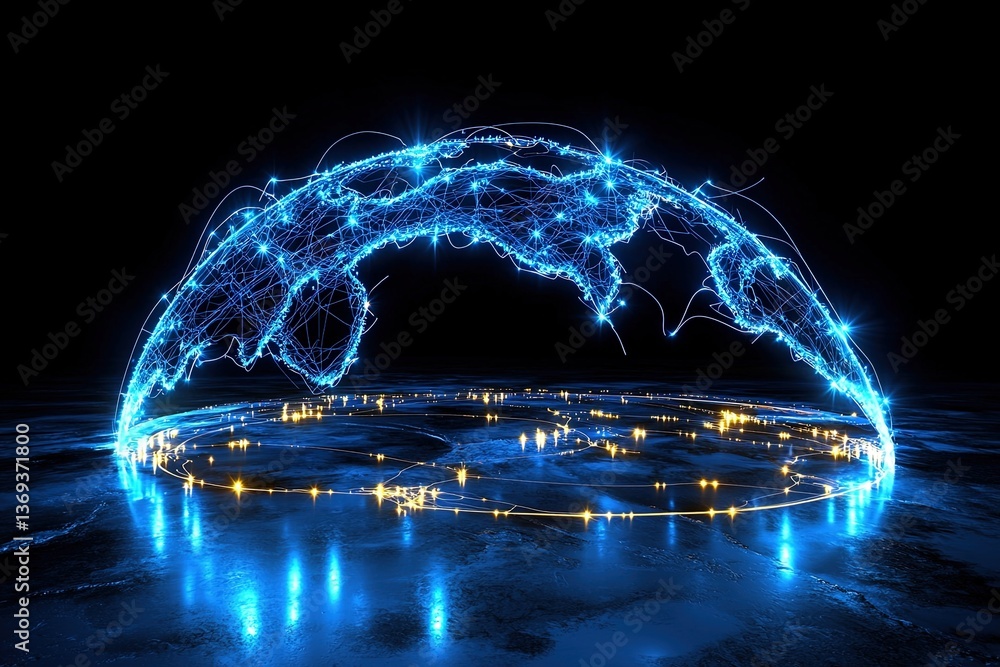 Aufkleber illuminated global network illustration created with ai technology, featuring a 3d representation of