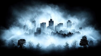 Obraz premium Mysterious foggy city skyline urban landscape digital art nighttime hyperrealistic silhouette