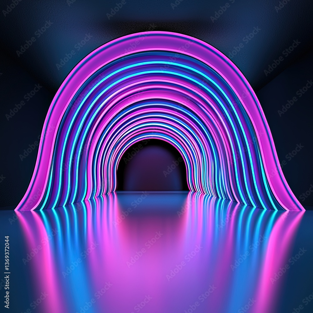Poster abstract illustration of vibrant light beams forming an enchanting archway with reflections in a dar