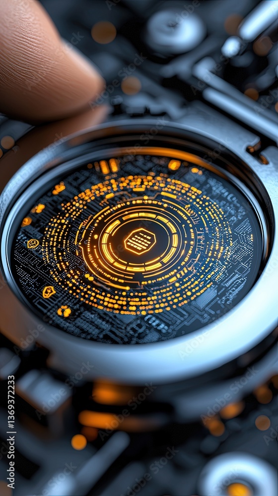 Poster abstract illustration of glowing circular lines in a high-tech circuit design with a futuristic and 