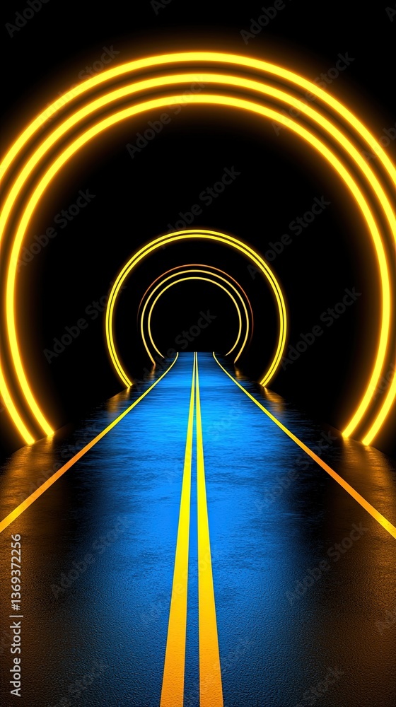 Poster abstract glowing illustration of futuristic tunnel with bright yellow and blue lines creating a mesm