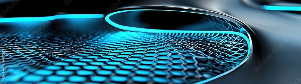 Poster abstract illustration of glowing blue particles and mesh design with futuristic technology elements 