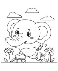 Coloring book elephant roller skating with flowers, under a cloudy sky
