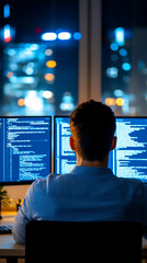 A person sits in front of multiple computer screens displaying code, immersed in a nighttime cityscape filled with colorful lights.