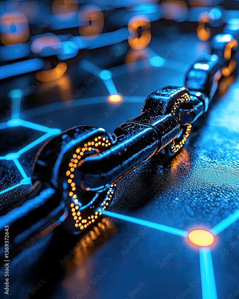Poster abstract illustration of data points connected by chains and networks in a futuristic blue environme