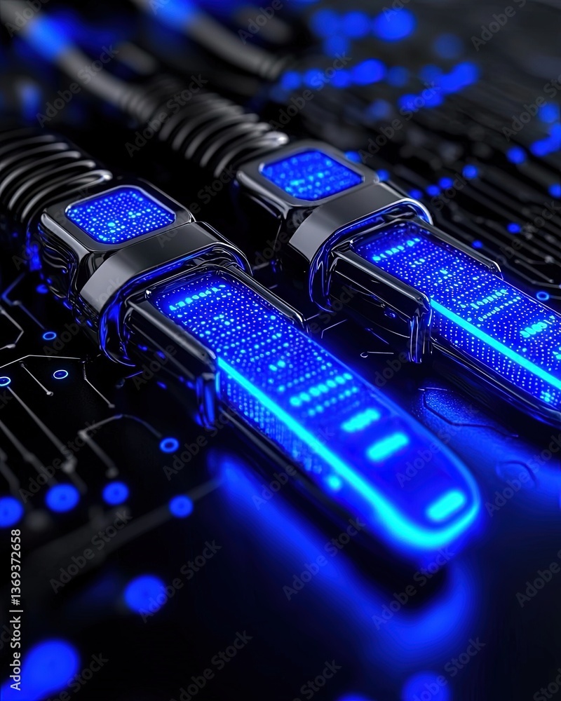 Poster abstract illustration of digital data points representing connectivity and technology with vibrant b