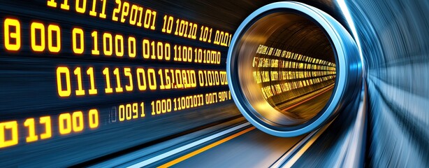 Naklejka premium Abstract Illustration of Data Streams Flowing Through a Tunnel with Binary Code Representation and Futuristic Visual Effects
