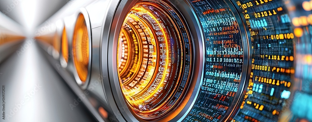 Poster futuristic 3d digital illustration of a high-tech tunnel with spiraling data patterns and glowing el
