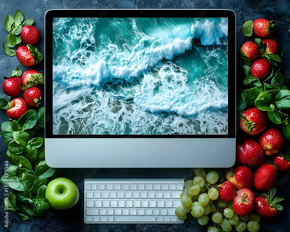 Poster computer display with fruits and fresh produce on dark background