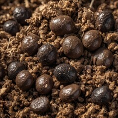 Obraz premium Goat droppings are small, round, dark brownish-black, dry in texture, and scattered on the ground.