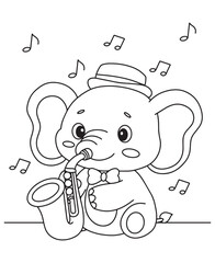 Obraz premium Coloring book elephant playing a saxophone, wearing a hat and bow tie, with musical notes around