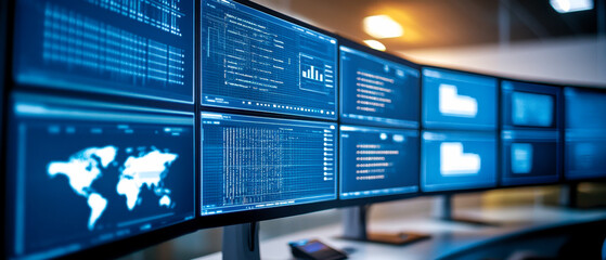 A modern workspace featuring multiple screens displaying data, charts, and a world map, indicative of a high-tech analytical environment.