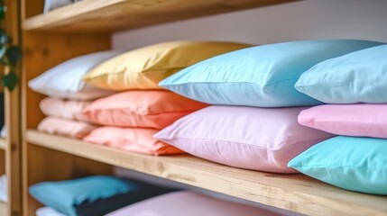 A set of pillowcases neatly folded on a wooden shelf.