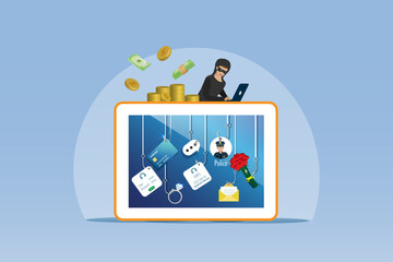 Cyber crime, online phishing scam in digital devices. Phishing hooks on SMS fraud link, credit card, password hacking, fake police and romance scam. Vector.