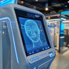 futuristic ATM powered by AI and facial recognition, dispensing cash without the need for a card