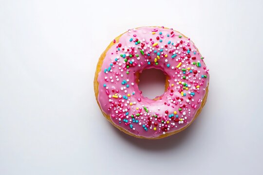 Single Delicious Pink Frosted Donut Covered with Colorful Rainbow Sprinkles Viewed from Above Isolated on a Plain White Background