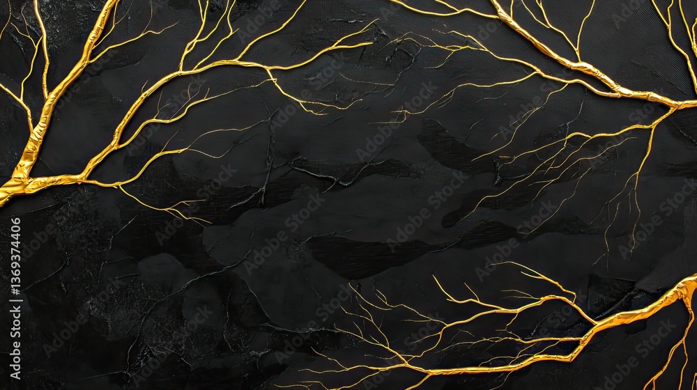 Poster hyperrealistic golden tree branches on dark background art piece minimalist close-up view
