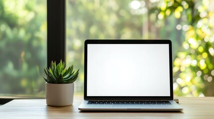 Fototapeta premium Laptop Computer with Blank White Screen Mockup Positioned on a Wooden Desk Beside a Small Succulent Plant in Front of a Large Window with Blurry Green Foliage Background