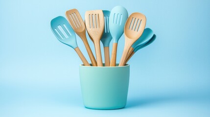 A set of wooden and silicone cooking utensils in a ceramic holder.