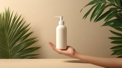 Hand holds white bottle of lotion with tropical leaves