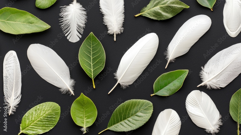 Poster hyperrealistic composition of white feathers and green leaves nature abstract studio setting aerial 