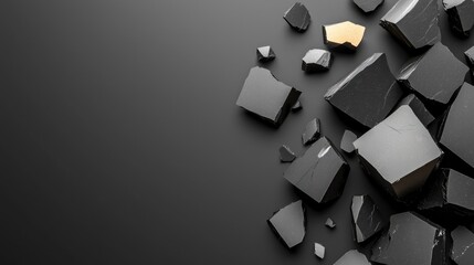 Hyperrealistic shattered obsidian shards scattered on smooth surface artistic dark theme close-up view