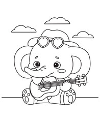 Coloring book elephant playing a guitar, wearing a hat and heart-shaped glasses, under a cloudy sky