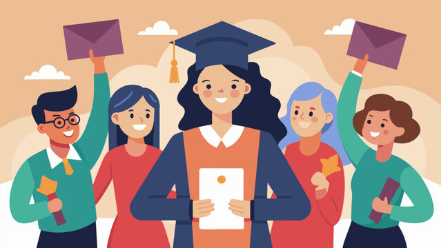A woman holding a certificate proudly surrounded by her classmates as she graduates from a literacy program with newfound confidence.. Vector illustration